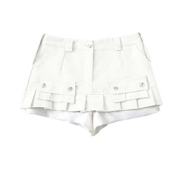 JSKUMAR Women's Low Rise Cargo Shorts with Lined Buttons Ruffled Skirt Shorts Vintage A Line Short Pants White,S