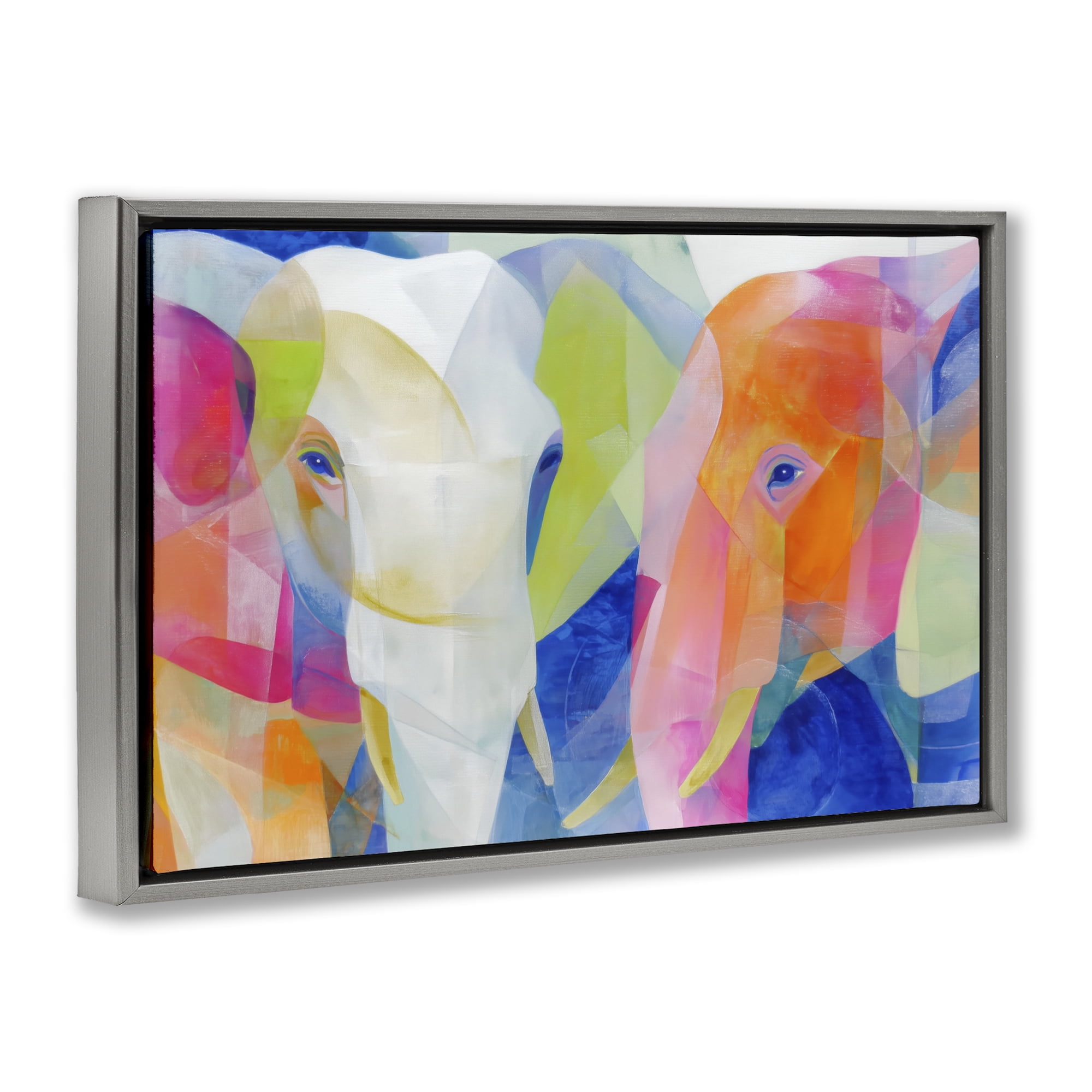 Stupell Industries Two Elephants Geometric Composition Gray Framed Floater Canvas Wall Art, design by Chromatic Storm Studio