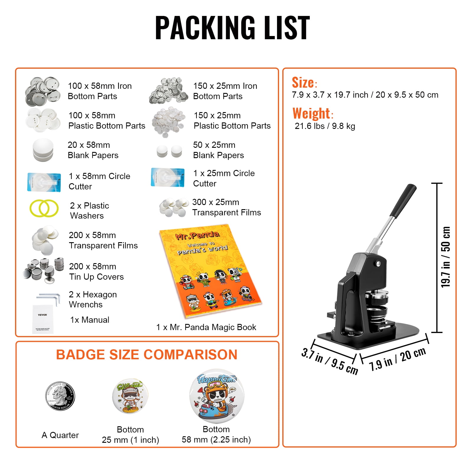 VEVOR Button Maker Machine, Multiple Sizes 1+2.25 Inch Badge Punch Press Kit, Children DIY Gifts Pin Maker, Button Making Supplies with 500pcs Button Parts & Circle Cutter & Magic Book