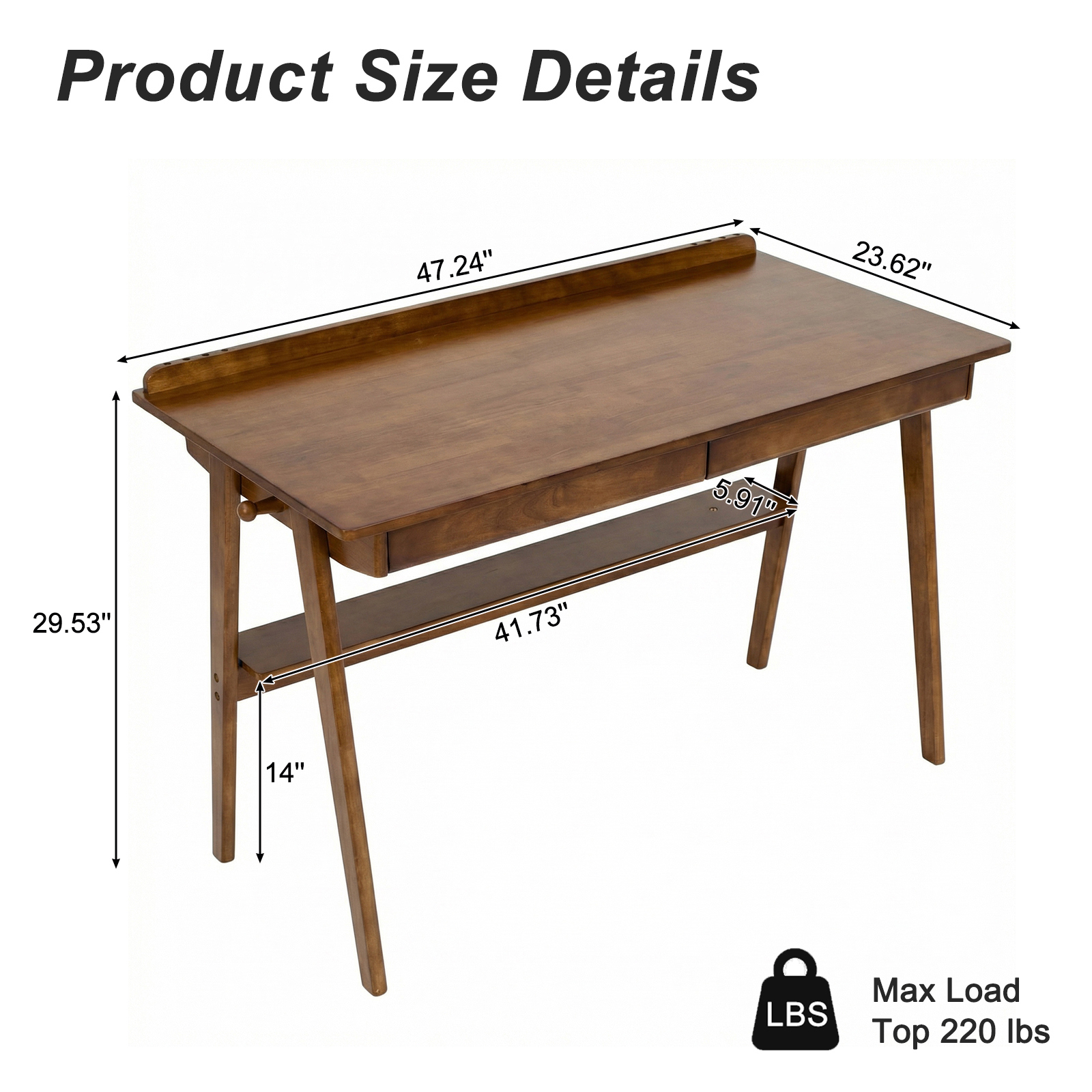 Hommoo Mid-Century Modern Solid Wood Writing Desk with 2 Drawers, Open Shelf & Side Hooks, Home Office Desk for Small Spaces, Study, Bedroom or Living Room, Walnut