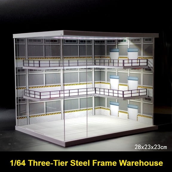 NUEIOVRW 1:64 Diorama Three-Story Garage Model, LED Lighting Parking Lot Scene Display Case, Model Car Display Storage, Building Model Garage
