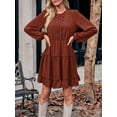 thumbnail image 4 of Liacowi Women's Summer A-Line Dress Solid Color Swiss Dot Long Sleeve Round Neck Tunic Waist Knee Length Dress, 4 of 9
