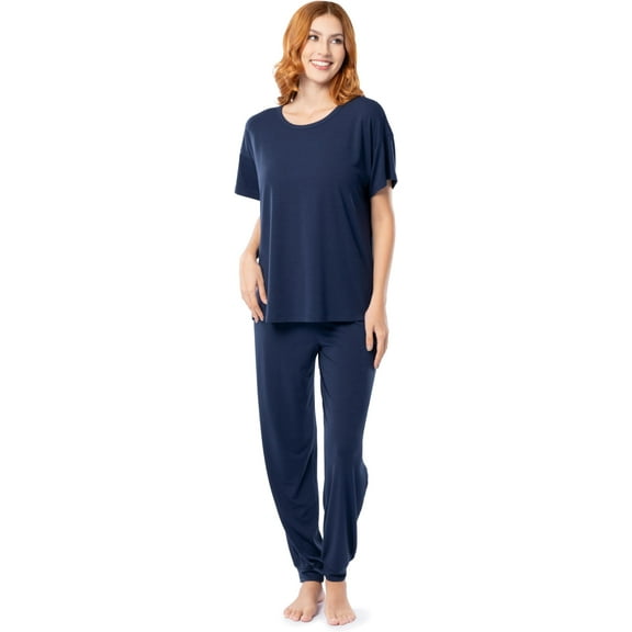 Fruit of the Loom Women's Breathable Short Sleeve Top and Jogger Pant Sleep Pajama Set, Midnight Blue, Large