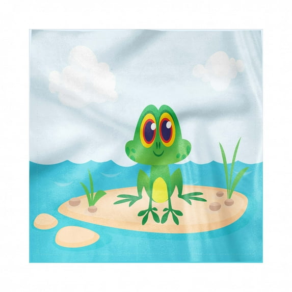 Frogs Decorative Satin Napkins Set of 4, Cartoon Character Animal Sitting on Ground Middle of Lake Nursery Themed Nature View, Square Fabric Party & Dinner Napkin, 12", Multicolor, by Ambesonne