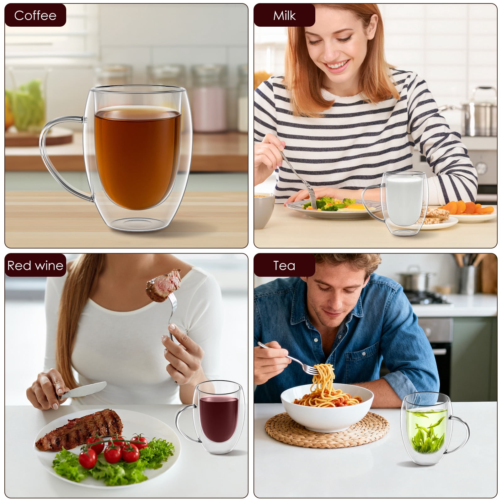 FUYGRCJ 4 Pack Glass Coffee Mug, 12oz Clear Glass Coffee Cup with Handle Set of 4, 350ml Double Wall Insulated Mug Tea Latte Espresso Cups for Latte Cappuccino Juice Tea Milk