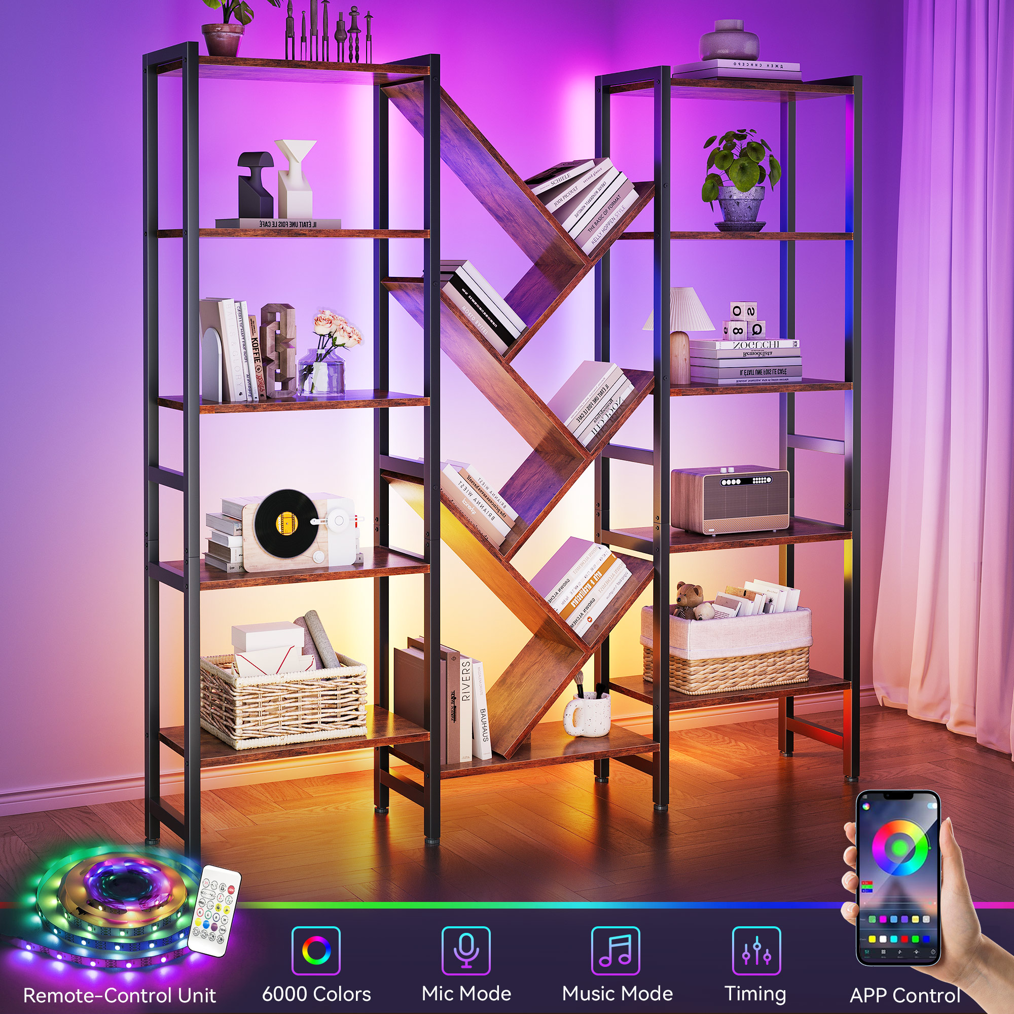 Casacomoda 5-Tier Bookshelf with LED Lights, Black photo 2