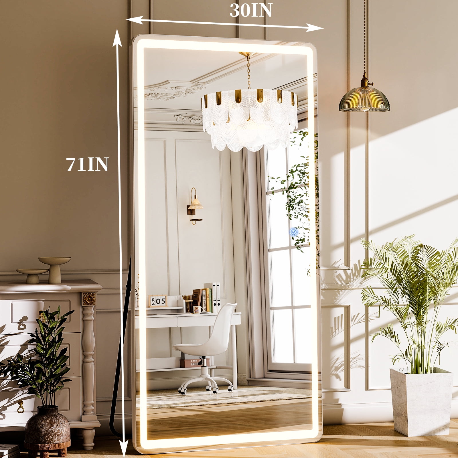 Gleamira 30"x71" Rectangular Standing Mirror Full Length Mirror with LED Lights,White