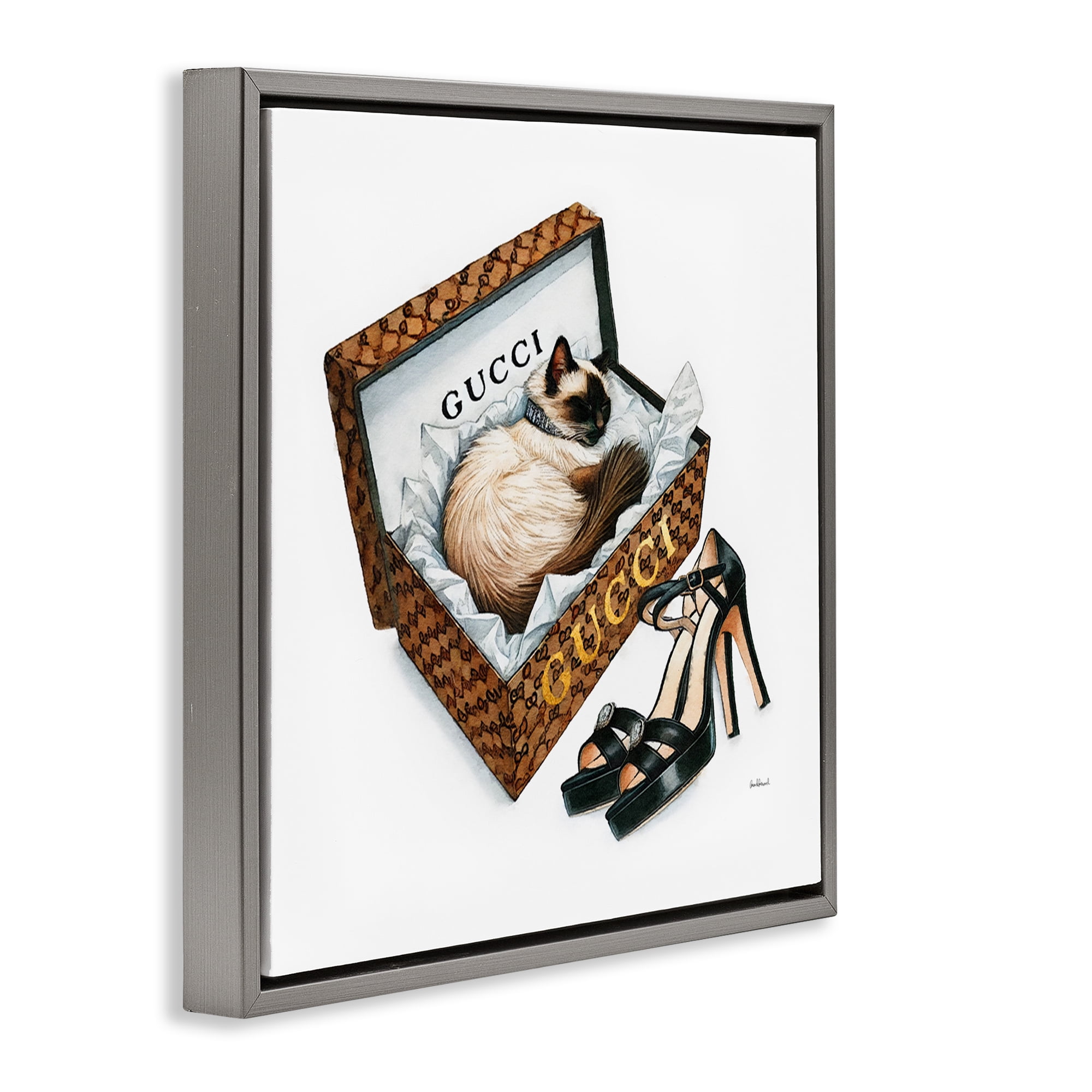 Stupell Industries Glam Cat Shoebox Animals Painting Gray Floater Framed Canvas Art Print Wall Art, 18 x 18