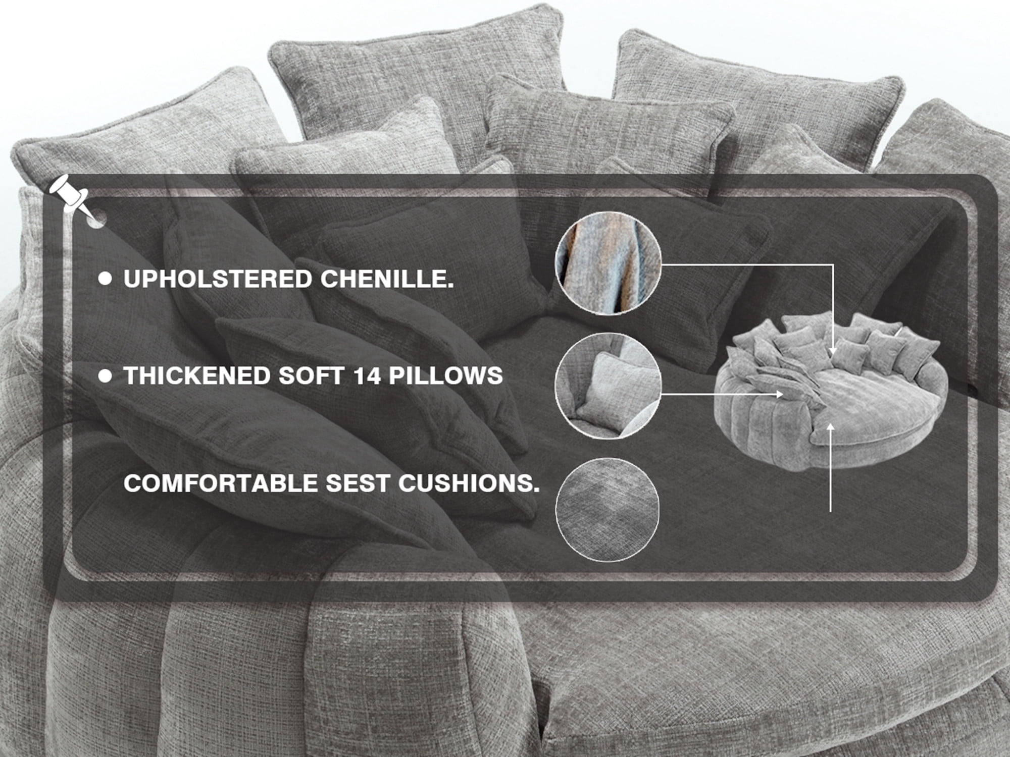 litvz 81.1in extra wide round boneless sofa oversized round chaise lounge comfy with 14 pillows for living room