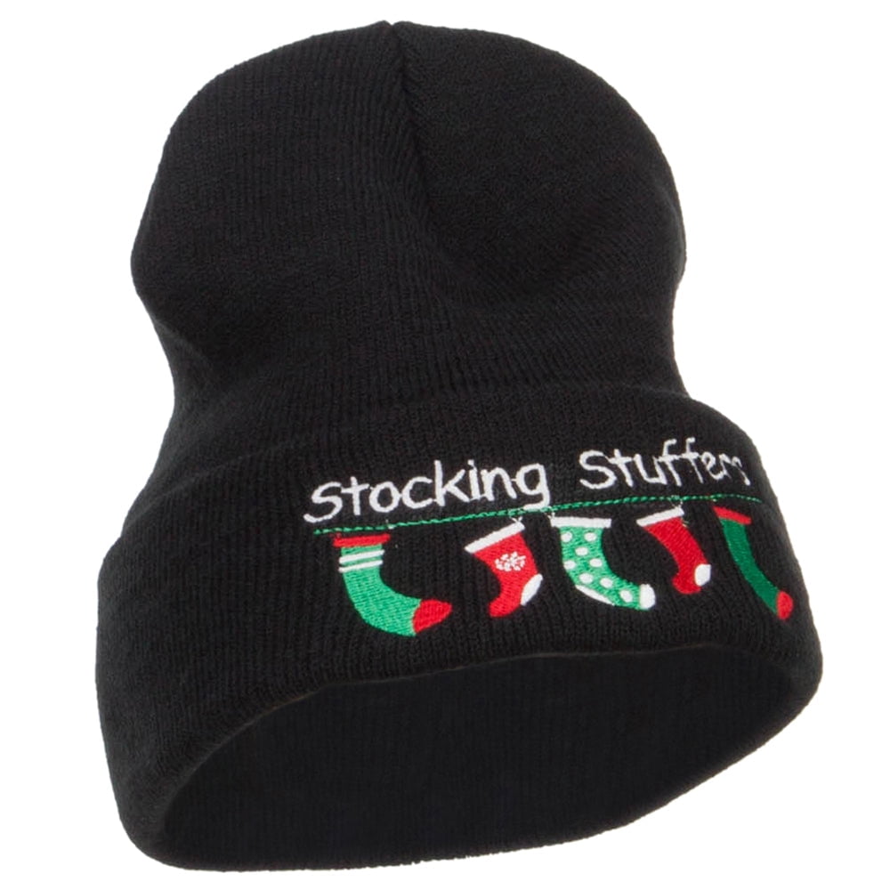 Christmas Stocking Stuffers Embroidered Long Beanie - Black OSFM