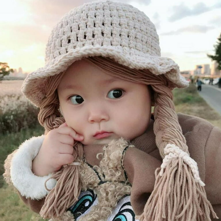 Cute Infant Baby Girls Spring Hat Crochet Knitted Wig Hat Knitted Bucket Hat  