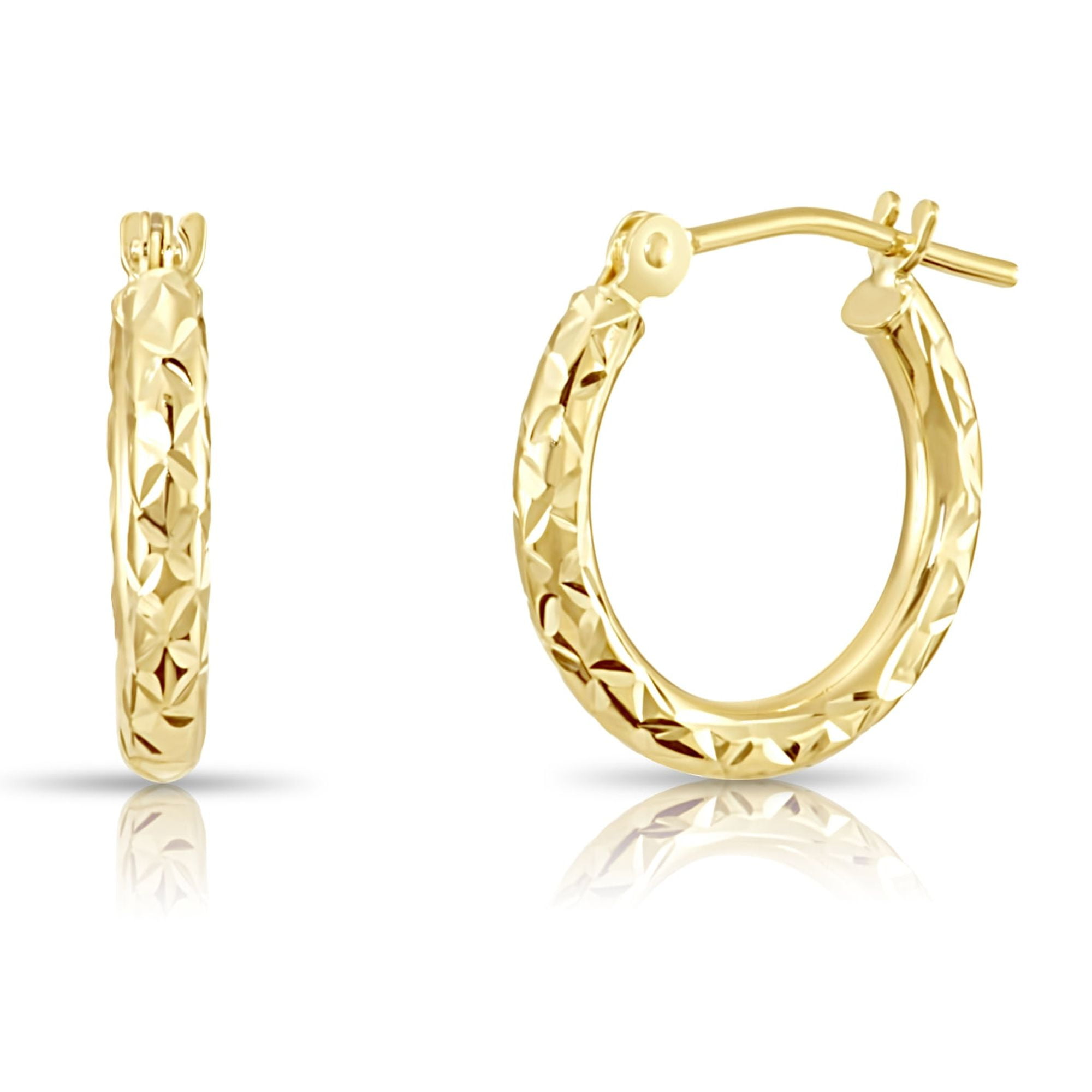 Tilo Jewelry 14K Yellow Gold Diamond-Cut Engraved Round Hoop Earrings for Women & Unisex | X-Pattern Design | 14mm - 0.55 Inch