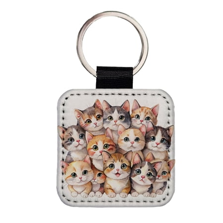 Sweet Munchkin Cats Faux Leather Square Keychain