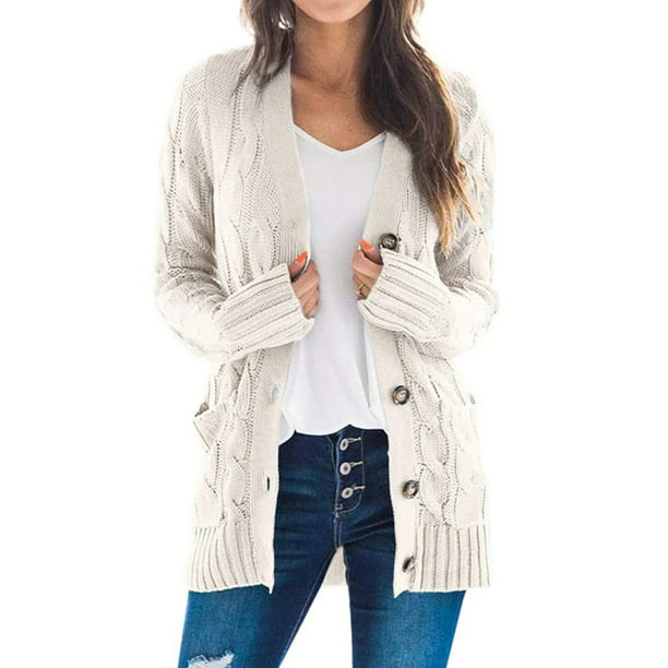 Open Front Button Down Cardigan Sweater with Pockets in Mid-Length Solid Color Sweater Pair With Jeans White - Walmart.com