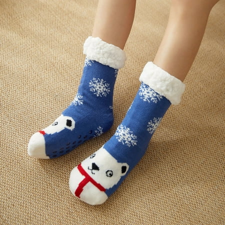 

MRULIC Fuzzy Soft Fleece-Lined Women s Winter Super Slipper Grippers Socks Warm Socks Blue + One size