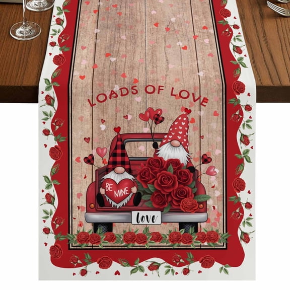 Table Runners 36 Inches Long Dress Scarves, Red Valentine's Day Farmhouse Kitchen Table Runner, Short Coffee Tablerunners, Love Heart Roses Gnomes Wooden 13x36 Inch