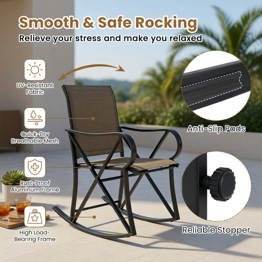 Hommoo 3-Piece Outdoor Rocking Patio Set, Metal Rocker Chairs with Tempered Glass Side Table, Ideal for Backyard, Porch & Balcony, Brown