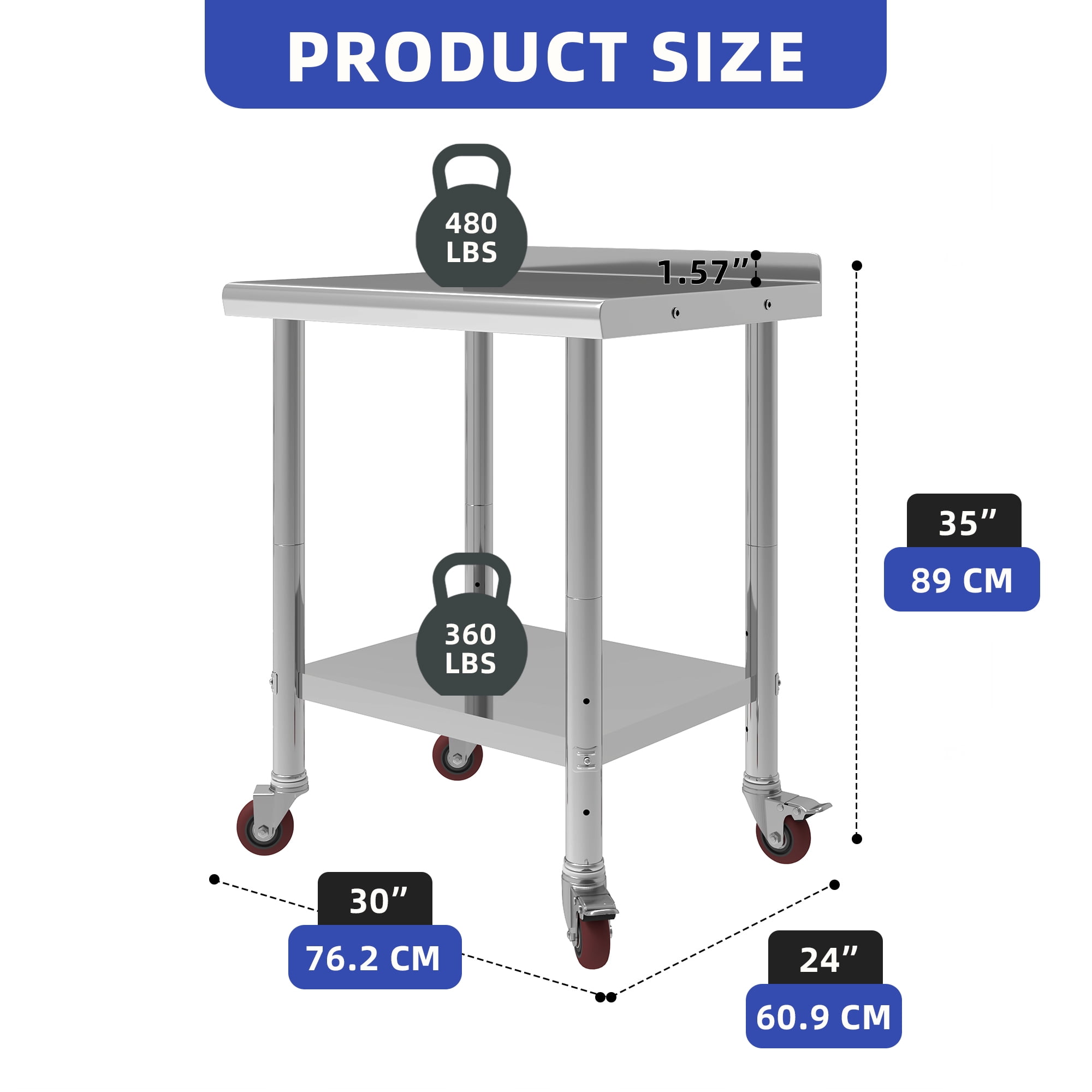 ModFusion 30" Stainless Steel Table with Hooks, Backsplash, Wheels, Adjustable Rack Shelves, Heavy-Duty Metal 840 lbs Capacity, Commercial Kitchens Workshops