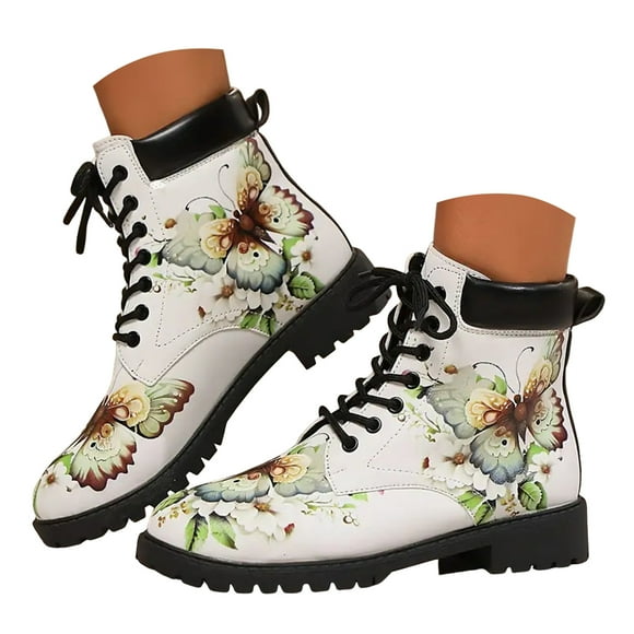 Mepaouo Women's Leather Ankle Boots Halloween Lace up Combat Booties 2025 Ladies Winter Dress Shoes