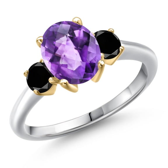 Gem Stone King 10K Two Tone Gold Purple Amethyst and Black Diamond Engagement Ring for Women | 2.04 Cttw | Oval Checkerboard 9X7MM | Gemstone February Birthstone | Size 9