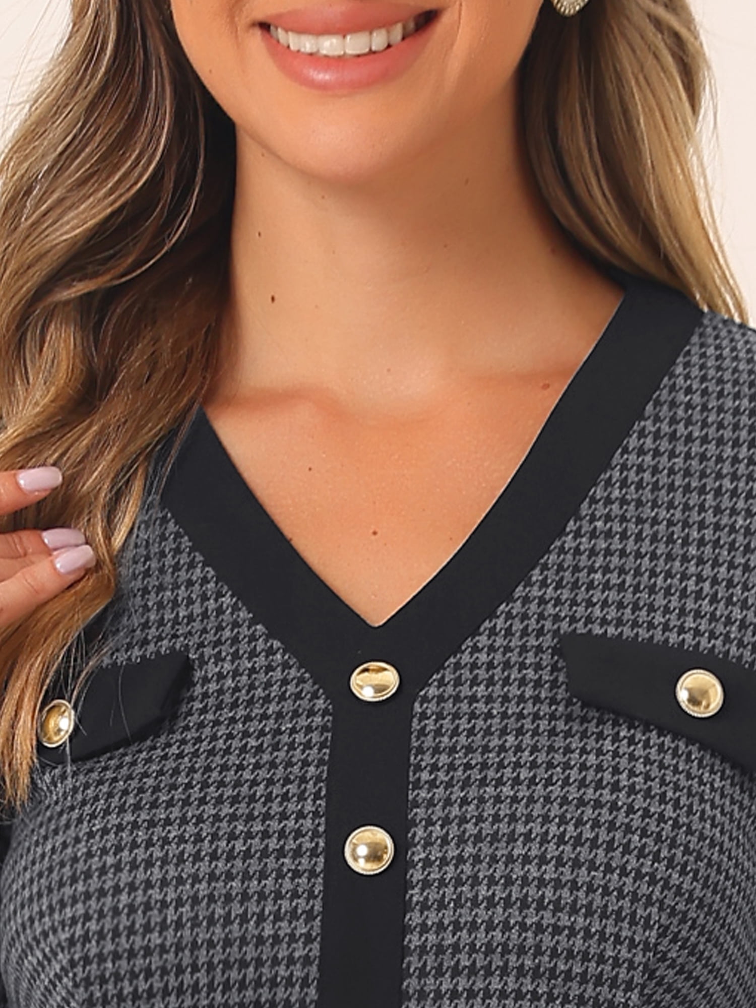 DARING DIVA V Neck Long Sleeves Elegant Sheath Houndstooth Dress M Dark Grey