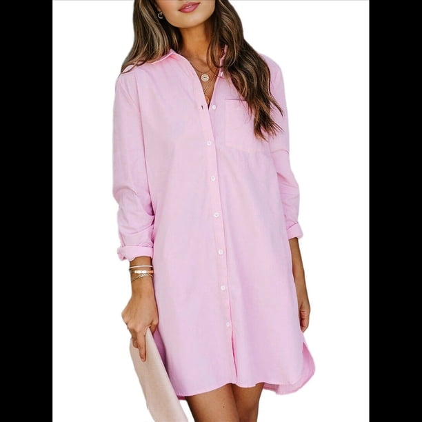 Vestidos Casuales Holgados de Larga con Rayas Lisas y Botones para Mujer Rosa XXL