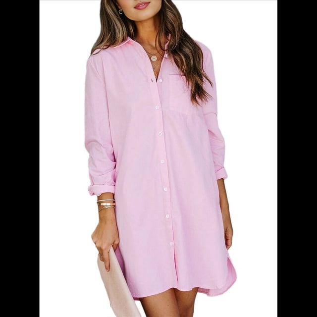 Vestidos Casuales Holgados de Larga con Rayas Lisas y Botones para Mujer Rosa S
