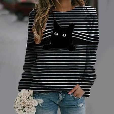 sebulube Women's Casual Round Neck Animal Stripe Long Sleeve Print T-Shirt Top Blouse