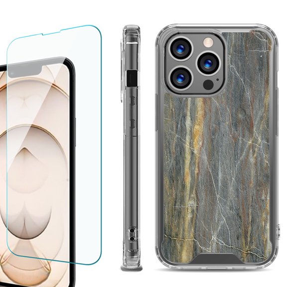 Shockproof Bumper Phone Case for iPhone 13 Pro Max, with Tempered Glass Screen Protector, by OneToughShield ® - Marble/Camo