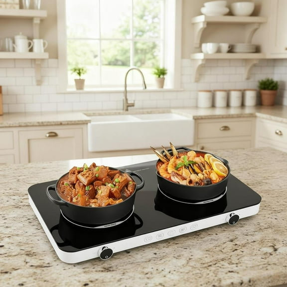 Advwin Double Induction Cooktop Burner, 1800W Portable Induction Cooktop with 8 Temperature & Power Levels, Timer, Child Lock, Independent 2 Burner Control, Ultra-Thin Design