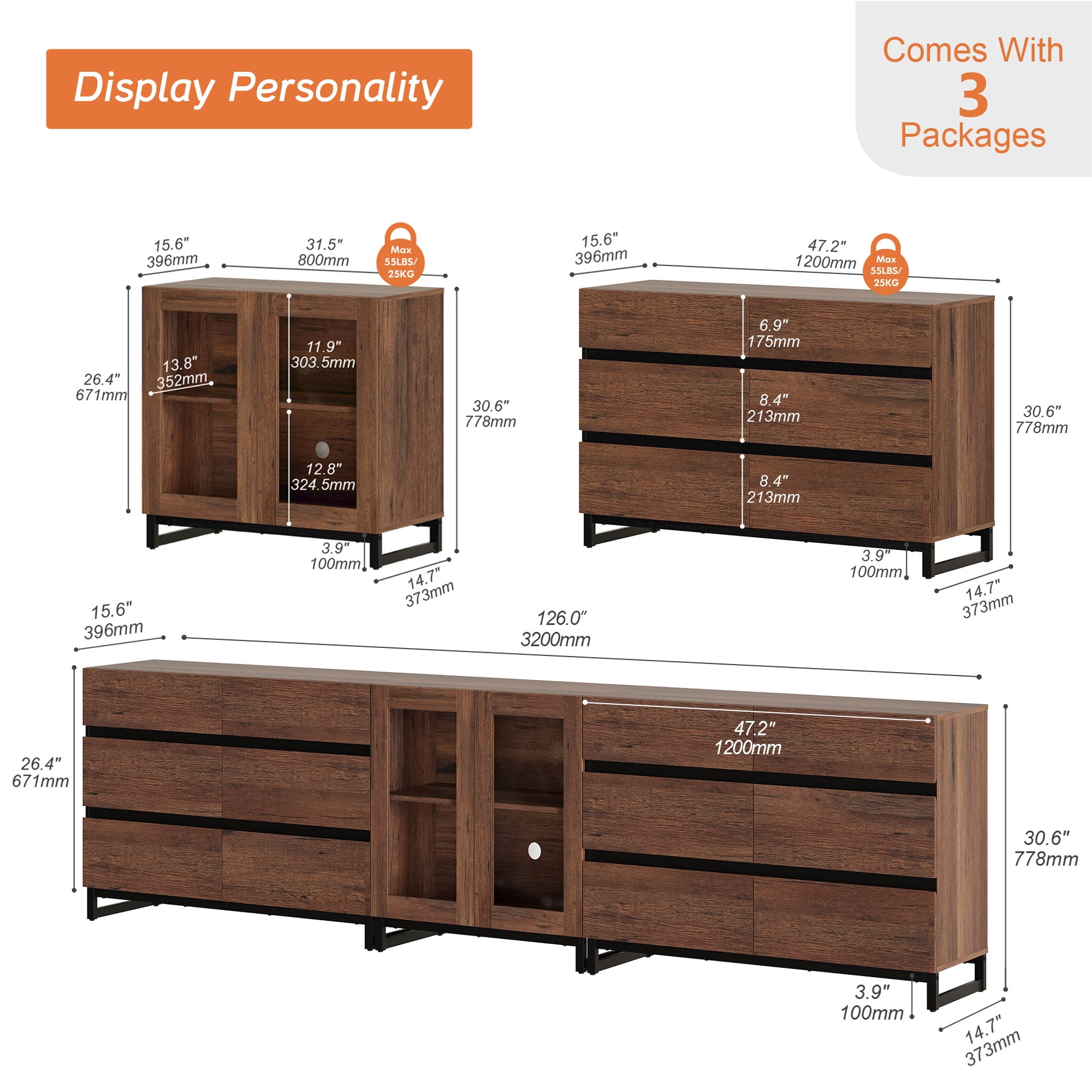 Modern Dresser with Tempered Glass Doors, 12 Drawers Storage Chest with Adjustable Shelves, 3 In 1 Household Closet Organizer for Bedroom,Brown