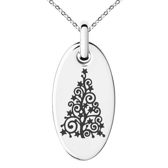 Stainless Steel Floral Filigree Christmas Tree Engraved Small Oval Charm Pendant Necklace