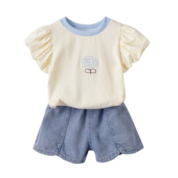 Mercatoo Children Summer Bubble Sleeve Round Neck Print T Shirt Denim Shorts Clothes Outfit Girls Casual Set 1 to 6 Years