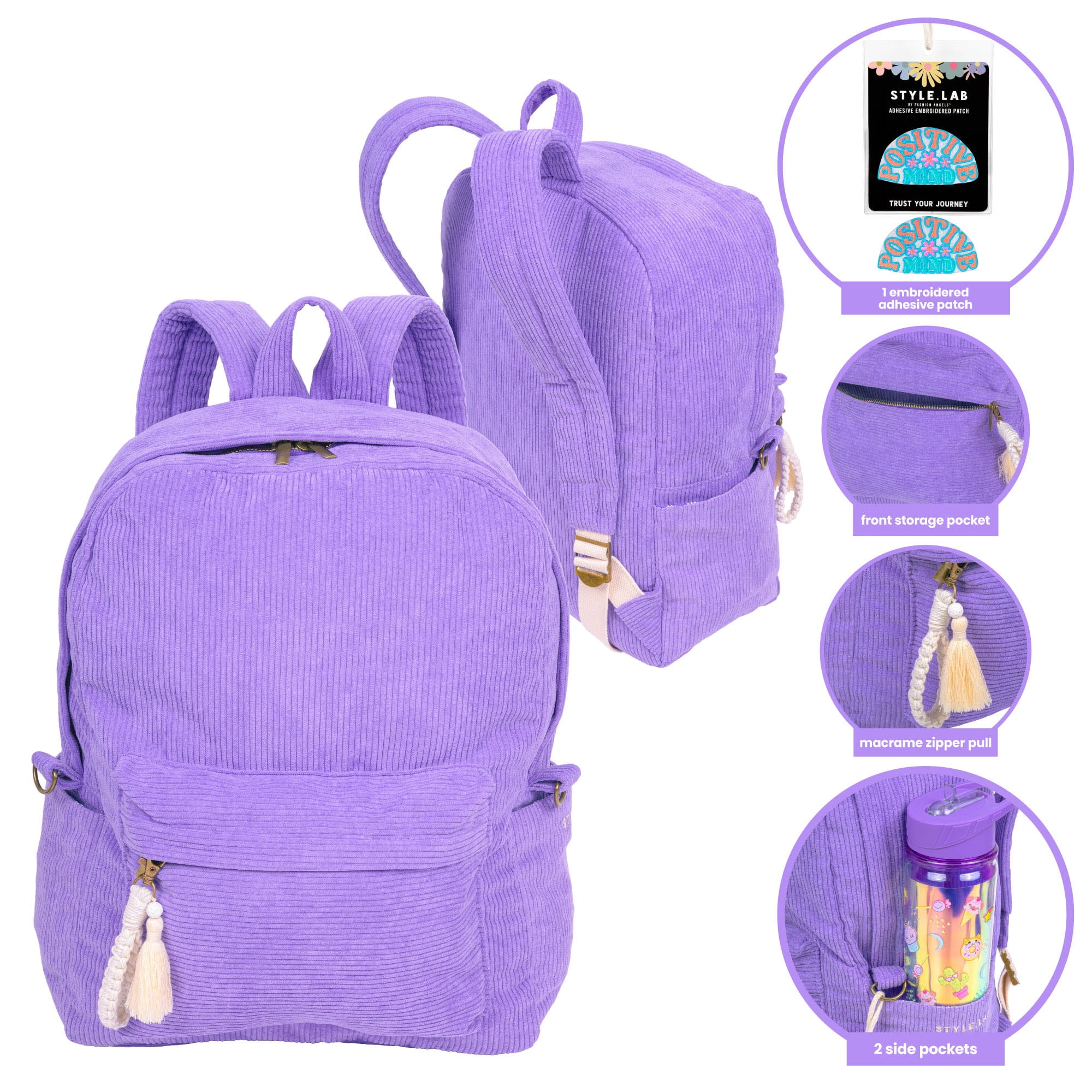 Style.Lab by Fashion Angels: Billie Corduroy Backpack - Periwinkle - Kids Stylish Travel School Bookbag, Laptop Compartment, Side Pockets, Girls-Boys
