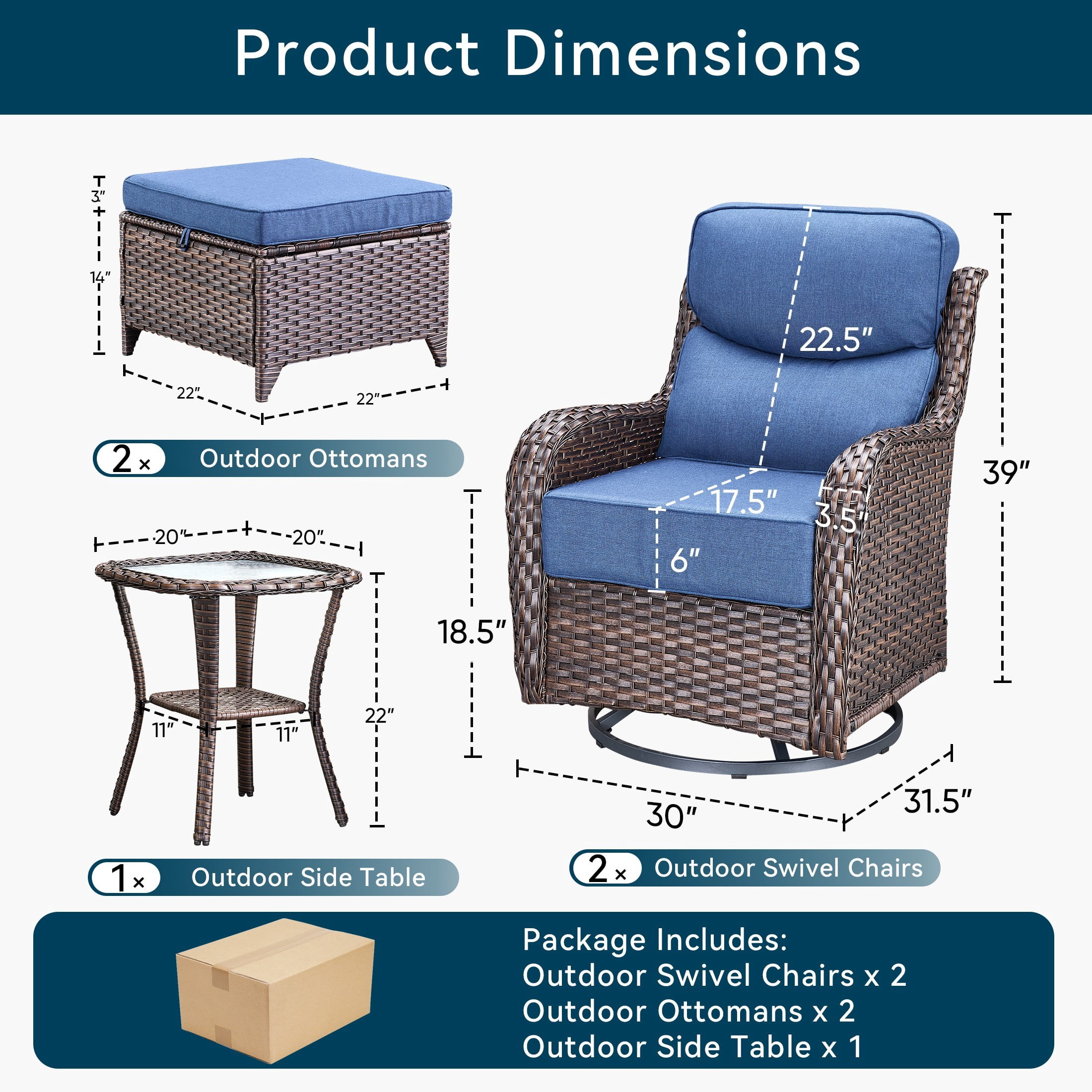 Unnifurnzi 5 Pieces Wicker Outdoor Furniture-Patio Swivel Chairs Set of 2 with Outdoor Ottoman Patio Conversation Sets for Deck Porch Poolside Balcony-Brown/Blue