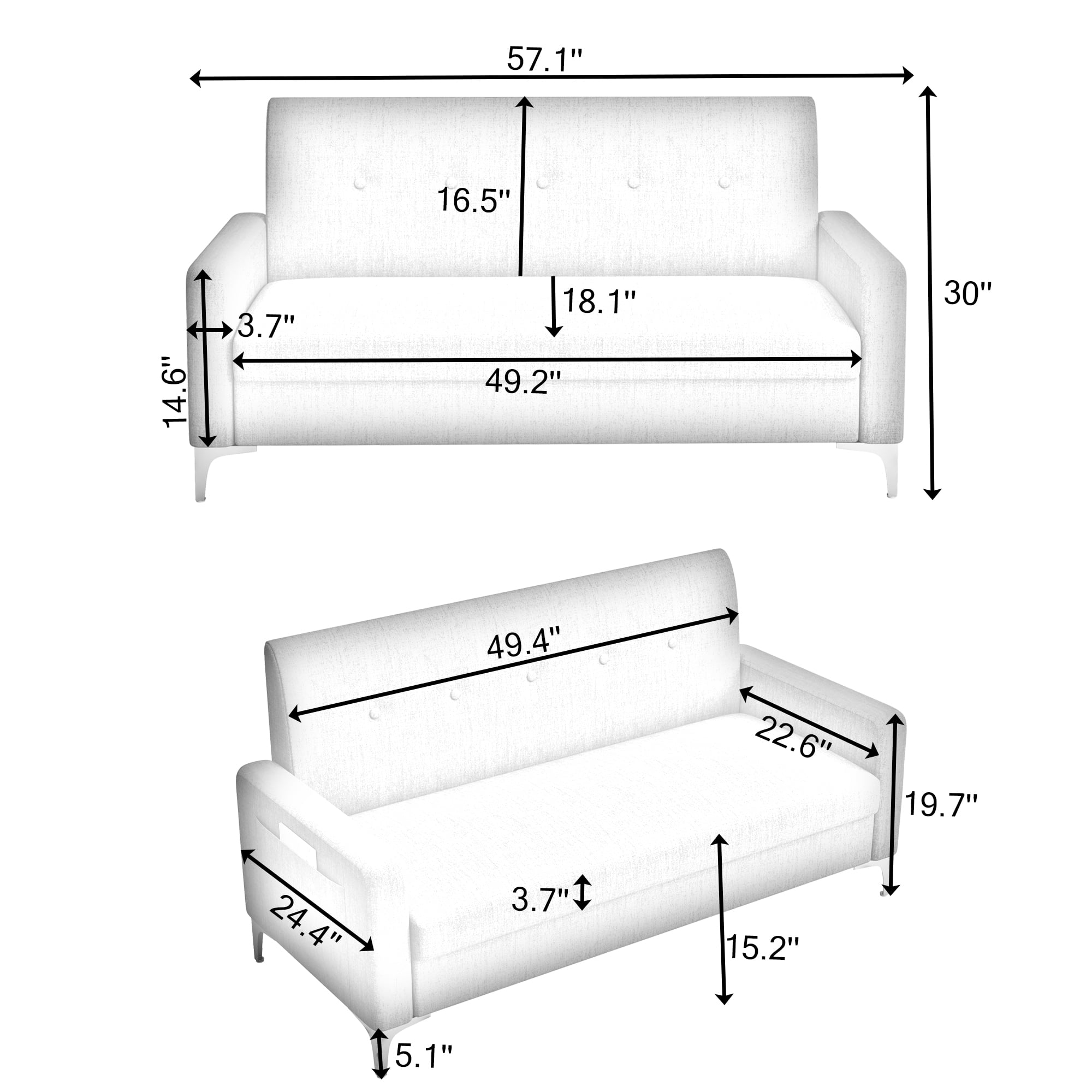 57 Inch Double Sofa with Storage, Practical Stylish Couch for Living Room Apartment Home Office, Gray