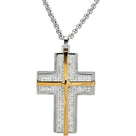 Men's Crystal Accent Stainless Steel and 18kt Gold Cross Pendant, 24