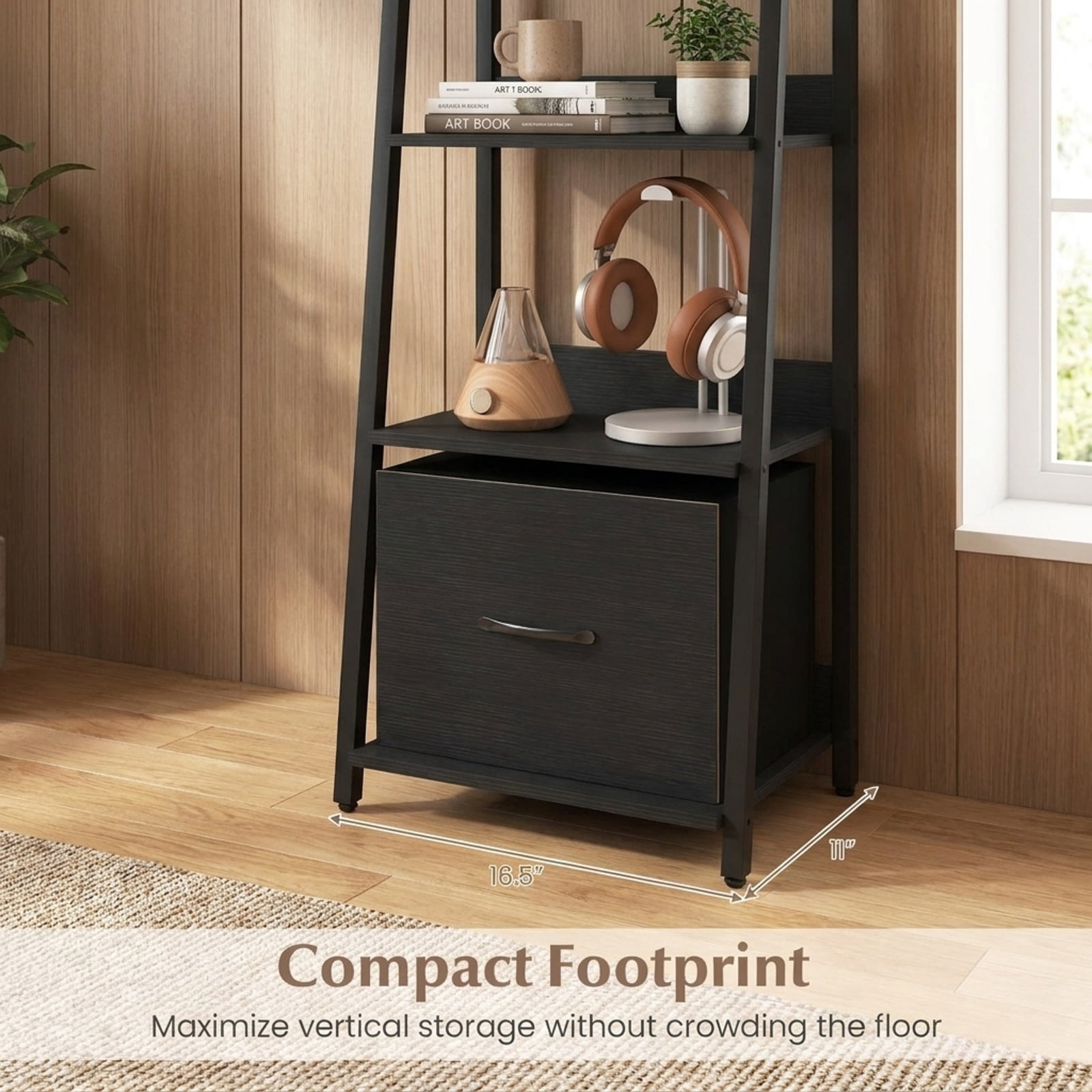 Furnibear 5-Tier Ladder Bookshelf with Fabric Drawer for Living Room and Home Office for Living Room Home Office Bedroom Display Storage Shelf, Black