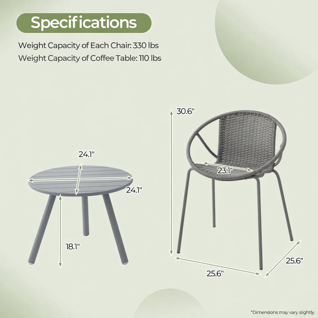 Hommoo All-Weather Outdoor Patio Conversation Set, 2 Ergonomic PP Chairs + Round Coffee Table, Heavy-Duty Metal Frame, Waterproof & UV-Resistant for Backyard, Poolside, Living Room, Gray