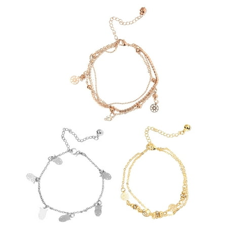 Set White Anklet - Set of 3 Round White Crystal Multitone Charms Ankle Bracelet for Women Cttw 1.2 Jewelry Gift