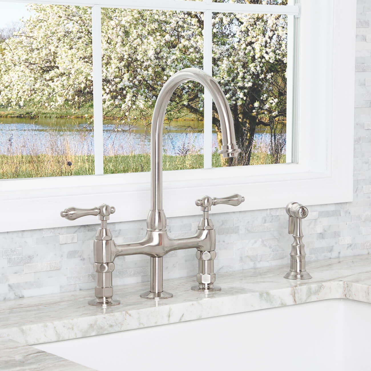 Gooseneck Bridge Style Kitchen Faucet - Metal Lever Handles