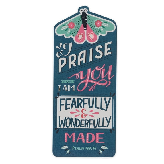 Christian Art Gifts Premium Cardstock Bookmark for Girls & Women: Fearfully & Wonderfully Made - Psalm 139:14 Inspirational Bible Verse for Books, Church, School - Inky Blue w/Teal & Pink Butterflies