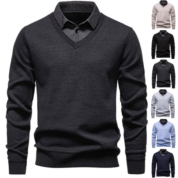 RJMDKXZ Men's Knitted Sweater with Mock Shirt Collar V Neck 2 in 1 Pullover Casual Business Classic Sweaters