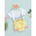 thumbnail image 3 of Infant Girls Three-piece Layette White Letters Print Short Sleeve Romper Ruffled Shorts Set with Headband, 3 of 9