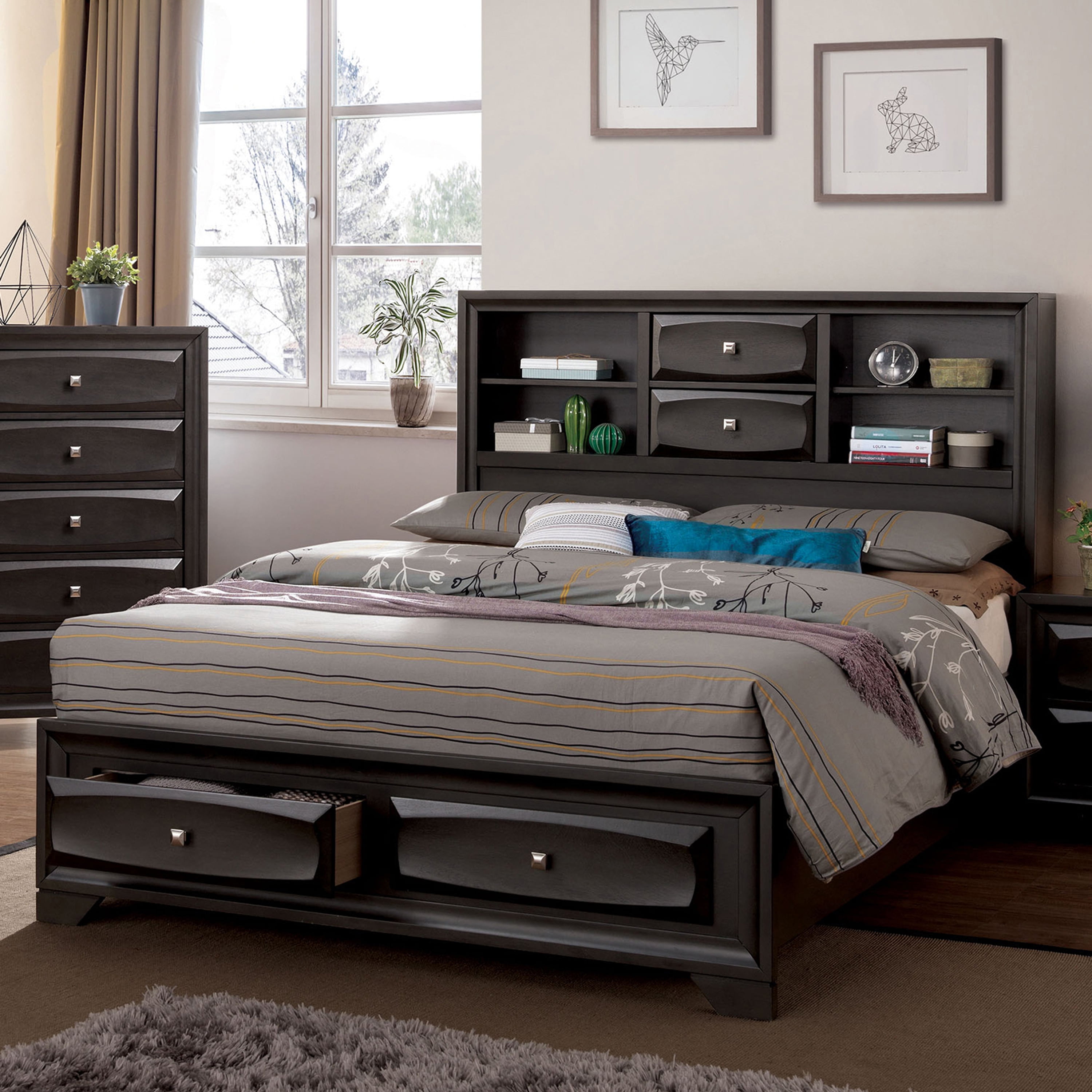 Furniture of America Edrina Modern Bookcase Bed, Queen, Gray