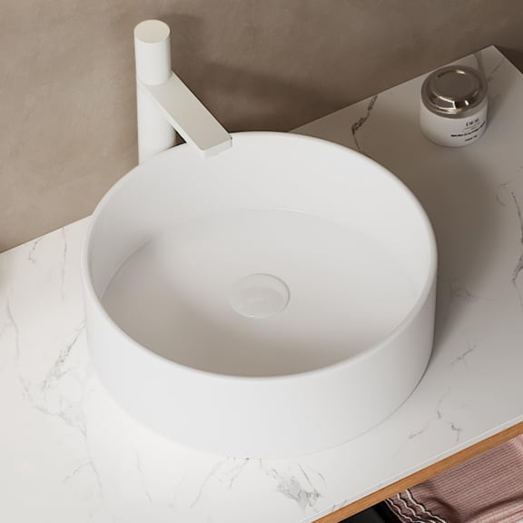 Bathroom Sink Round 14 Inch Vessel Sink, Round Modern Above Counter Bathroom Sinks, Porcelain Vessel Vanity Sink, Art Ceramic Basin - White