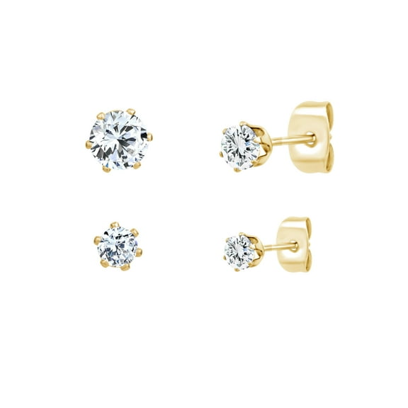 Sensitive Skin Stainless Steel Gold Plate Set of 2 Cubic Zirconia Stud Earrings, Unisex
