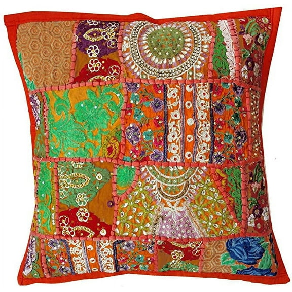 Rastogi Handicrafts Handmade Patchwork Cushion Pillow, Sari Patch Throw Pillow Indian Ethnic Pillow Covers Embroidered Sari Patchwork Cushion Cover (Orange)