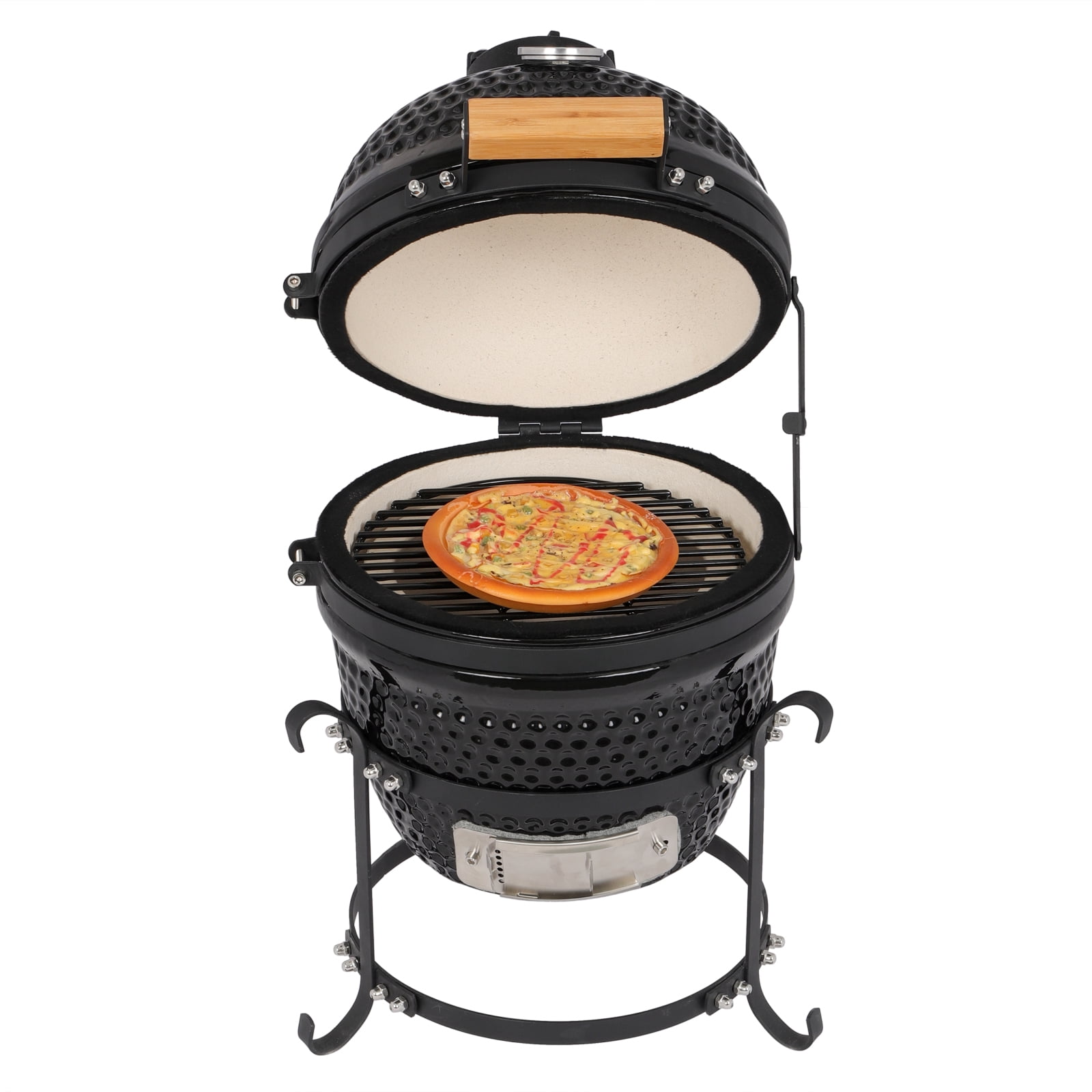 13 Inch Round Ceramic Charcoal Grill, Heavy Duty BBQ Smoker for Outdoor Use, Black