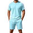 thumbnail image 3 of PNTUTB Two-Piece Set for Men Solid-Color Crew-Neck Short-Sleeve T-Shirt and Elastic Waistband Drawstring Shorts Casual Loose Comfortable Sports Sets, 3 of 7